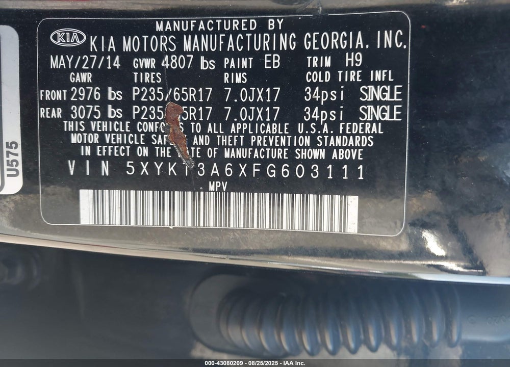 2015 KIA SORENTO VIN: 5XYKT3A6XFG603111
