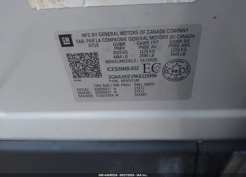 2019 CHEVROLET EQUINOX VIN: 2GNAXKEV9K6115956