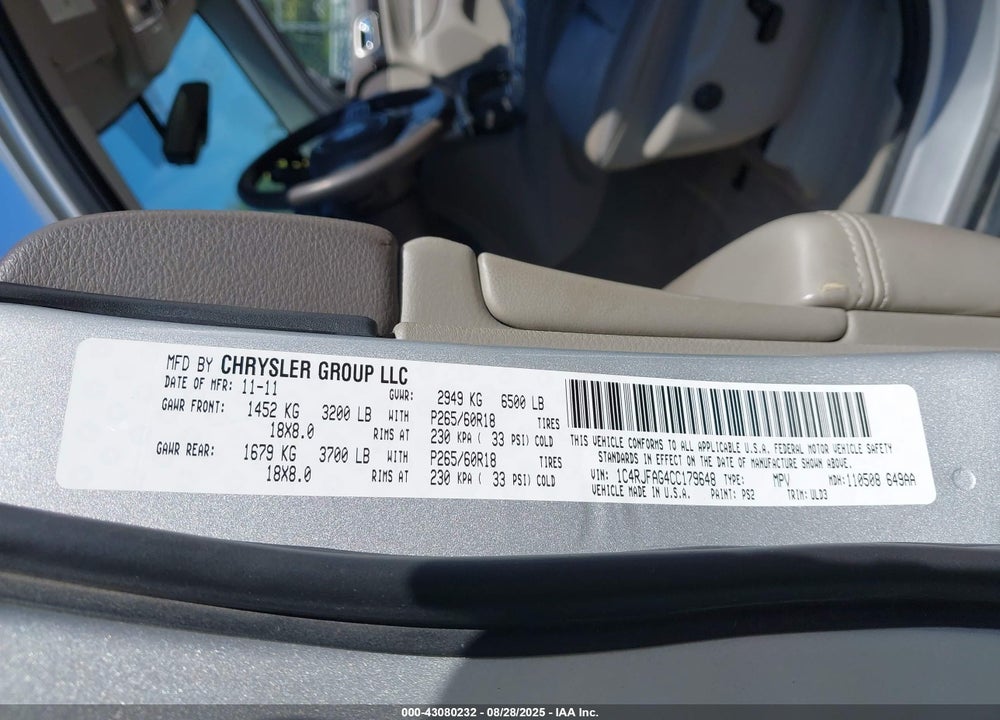 2012 JEEP GRAND CHEROKEE VIN: 1C4RJFAG4CC179648