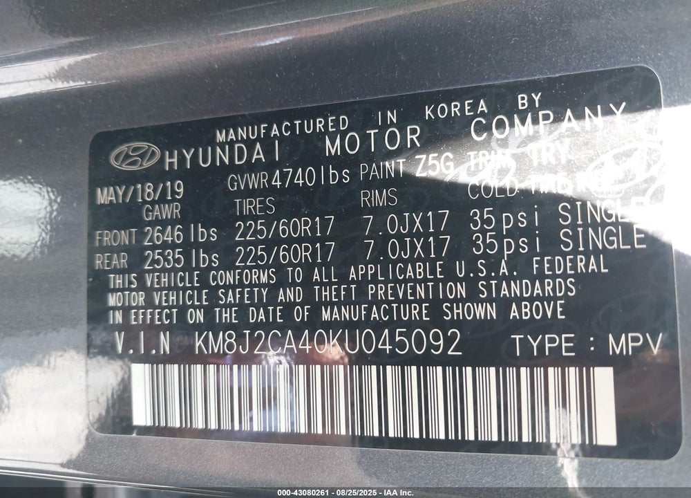 2019 HYUNDAI TUCSON VIN: KM8J2CA40KU045092