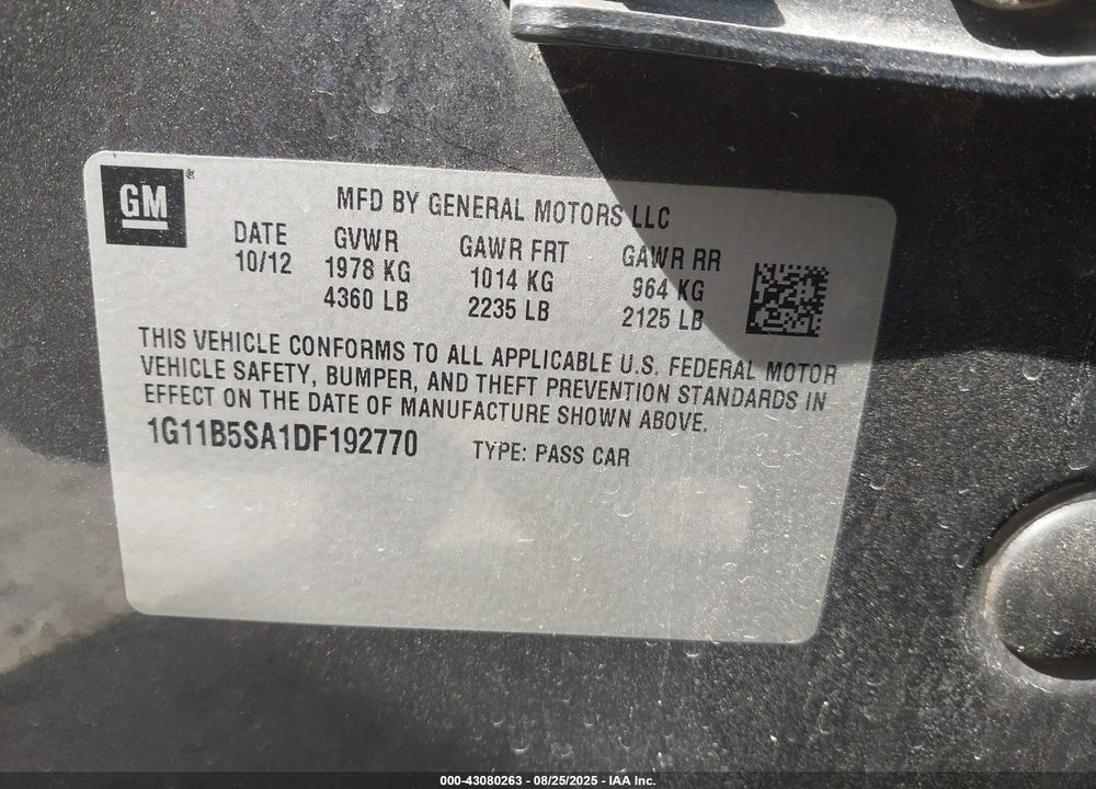 2013 CHEVROLET MALIBU VIN: 1G11B5SA1DF192770