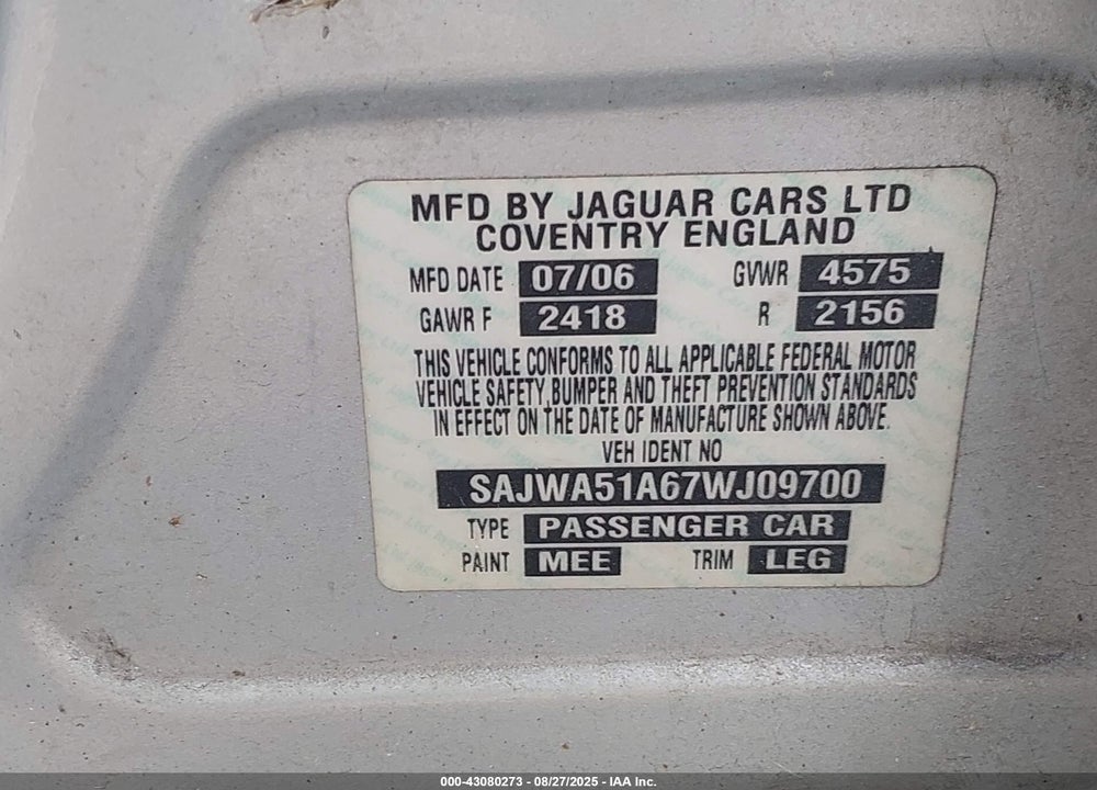 2007 JAGUAR X-TYPE VIN: SAJWA51A67WJ09700