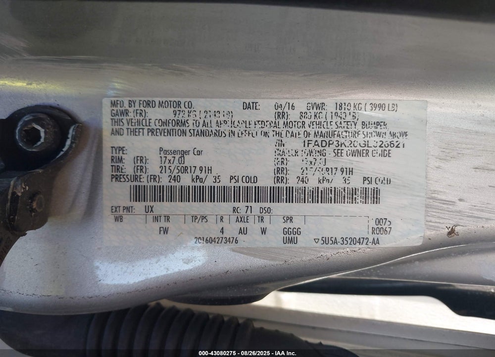 2016 FORD FOCUS VIN: 1FADP3K20GL326621