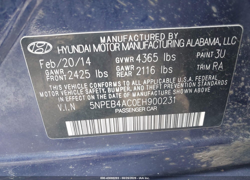 2014 HYUNDAI SONATA VIN: 5NPEB4AC0EH900231