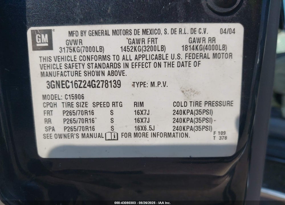 2004 CHEVROLET SUBURBAN 1500 LS VIN: 3GNEC16Z24G278139