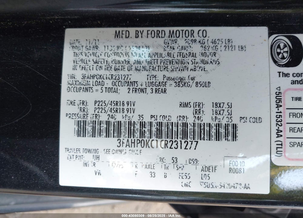 2012 FORD FUSION VIN: 3FAHP0KC1CR231277