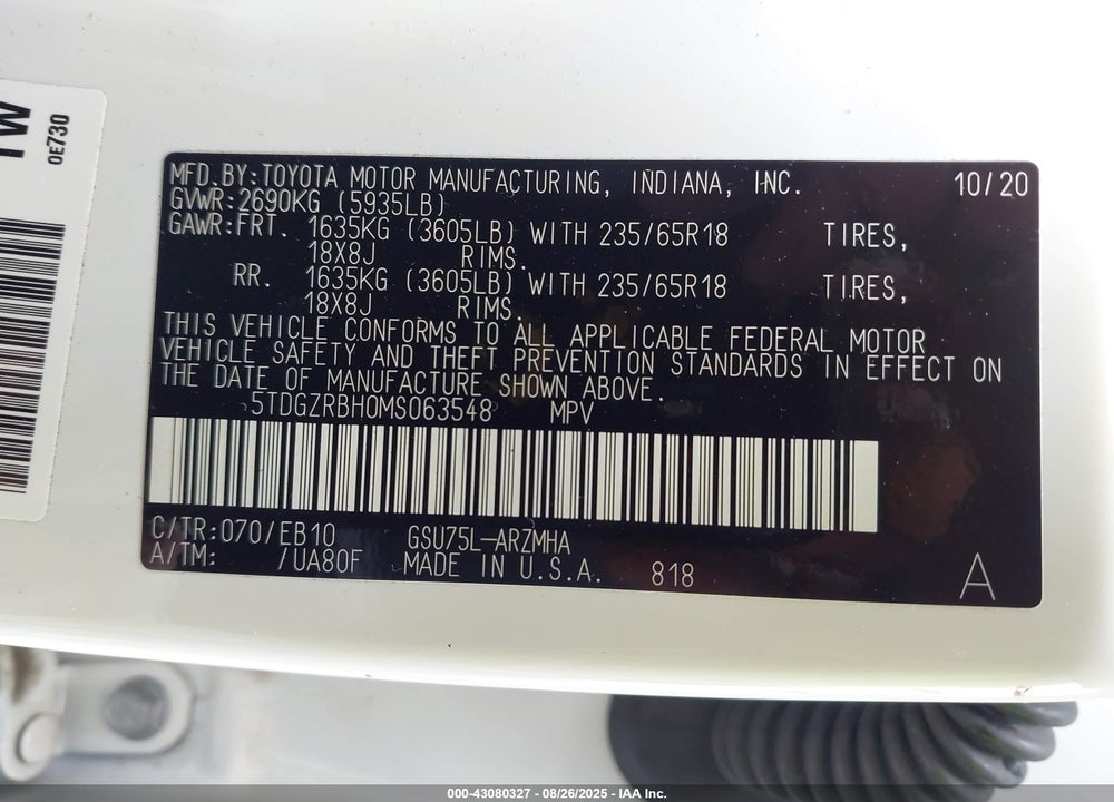 2021 TOYOTA HIGHLANDER VIN: 5TDGZRBH0MS063548