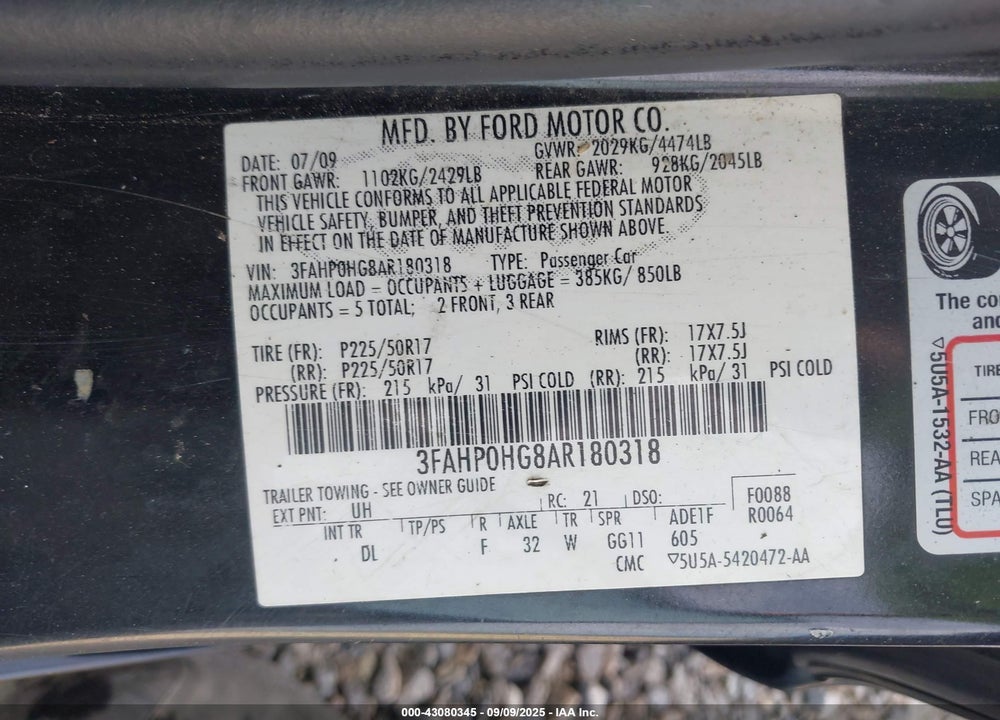 2010 FORD FUSION VIN: 3FAHP0HG8AR180318