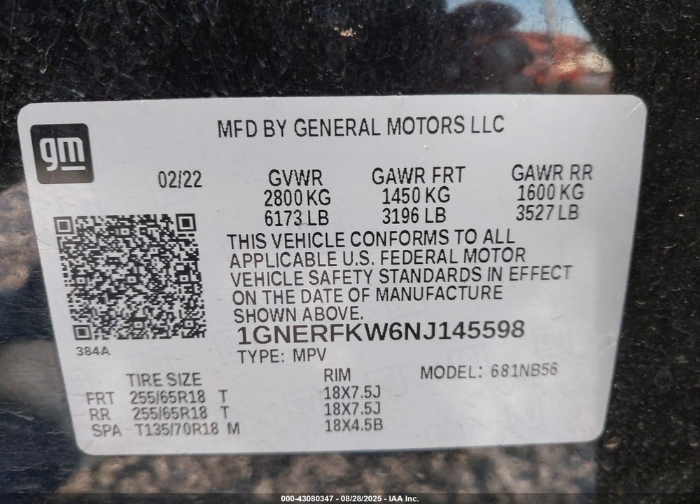 2022 CHEVROLET TRAVERSE VIN: 1GNERFKW6NJ145598