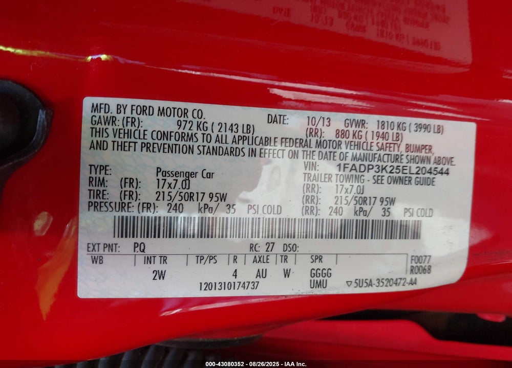 2014 FORD FOCUS VIN: 1FADP3K25EL204544