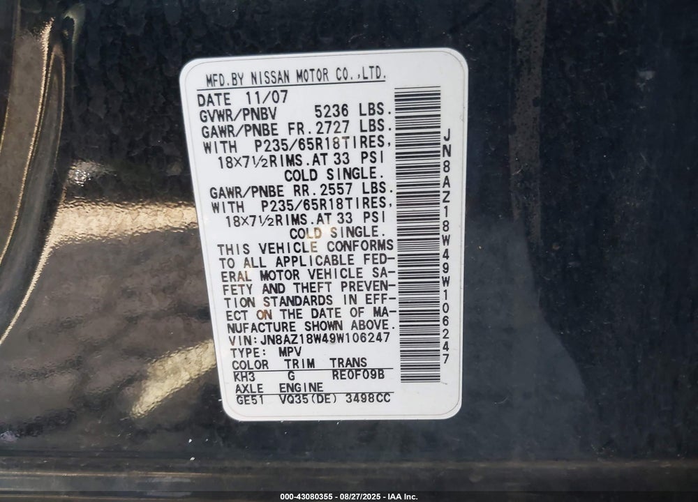 2009 NISSAN MURANO VIN: JN8AZ18W49W106247