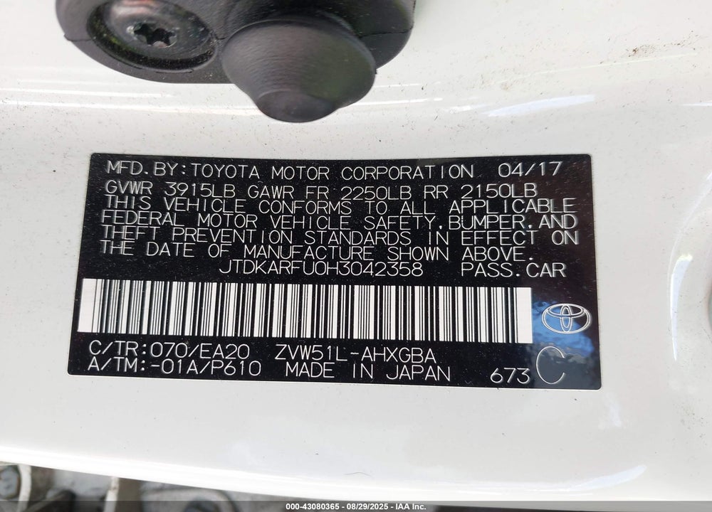 2017 TOYOTA PRIUS VIN: JTDKARFU0H3042358