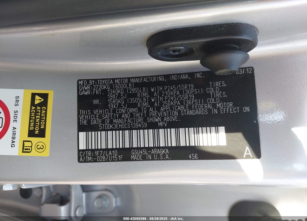 2012 TOYOTA HIGHLANDER VIN: 5TDDK3EH0CS139459