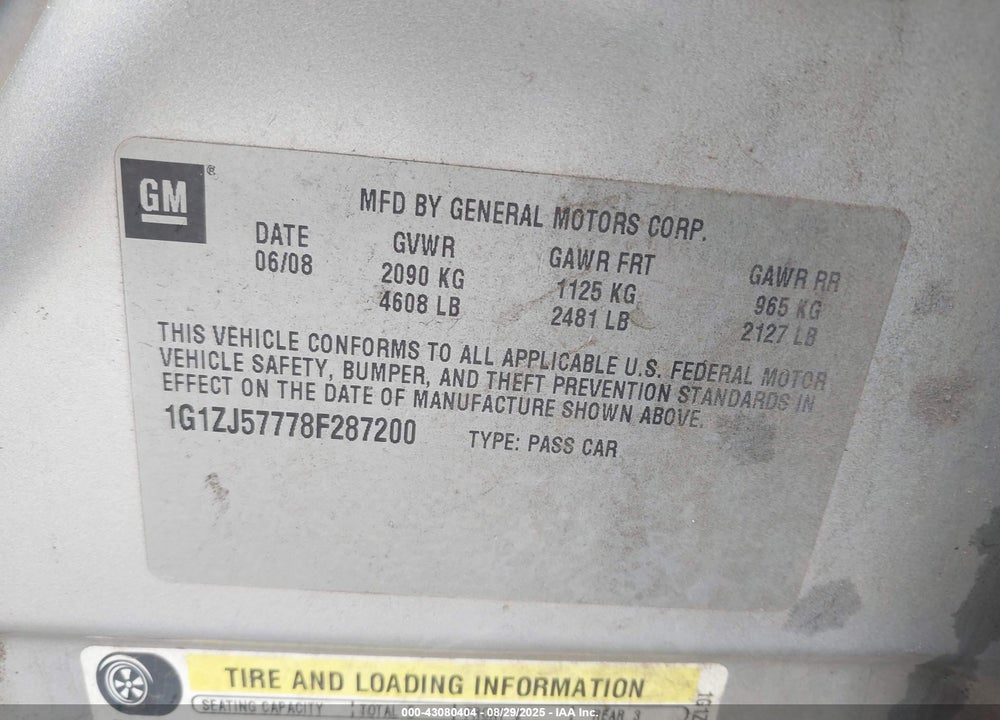 2008 CHEVROLET MALIBU LT VIN: 1G1ZJ57778F287200