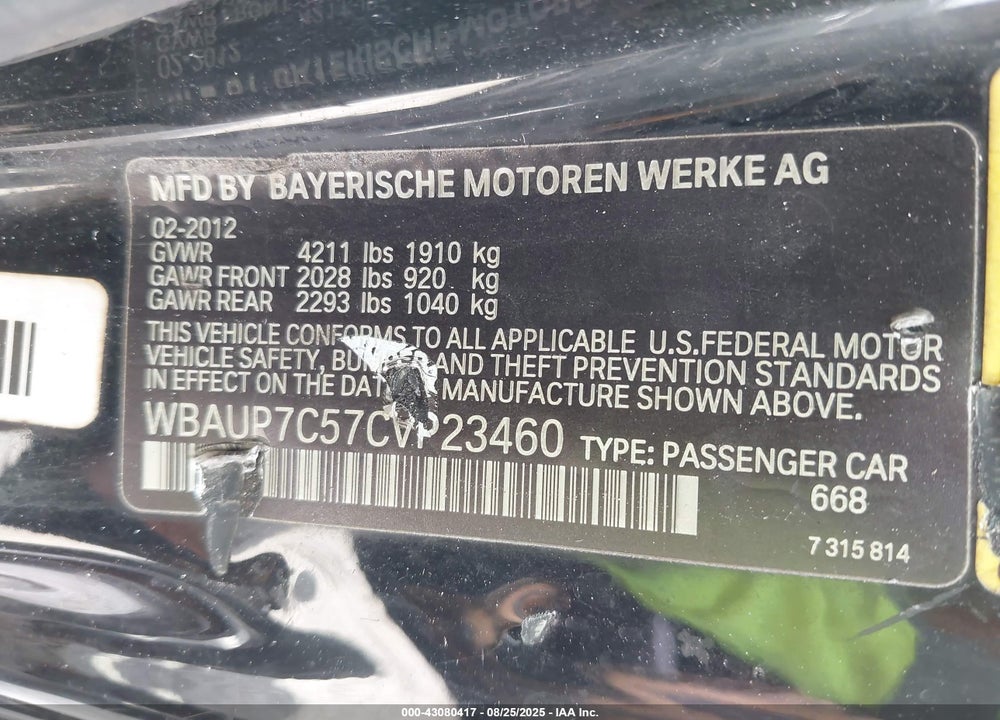 2012 BMW 1 SERIES VIN: WBAUP7C57CVP23460
