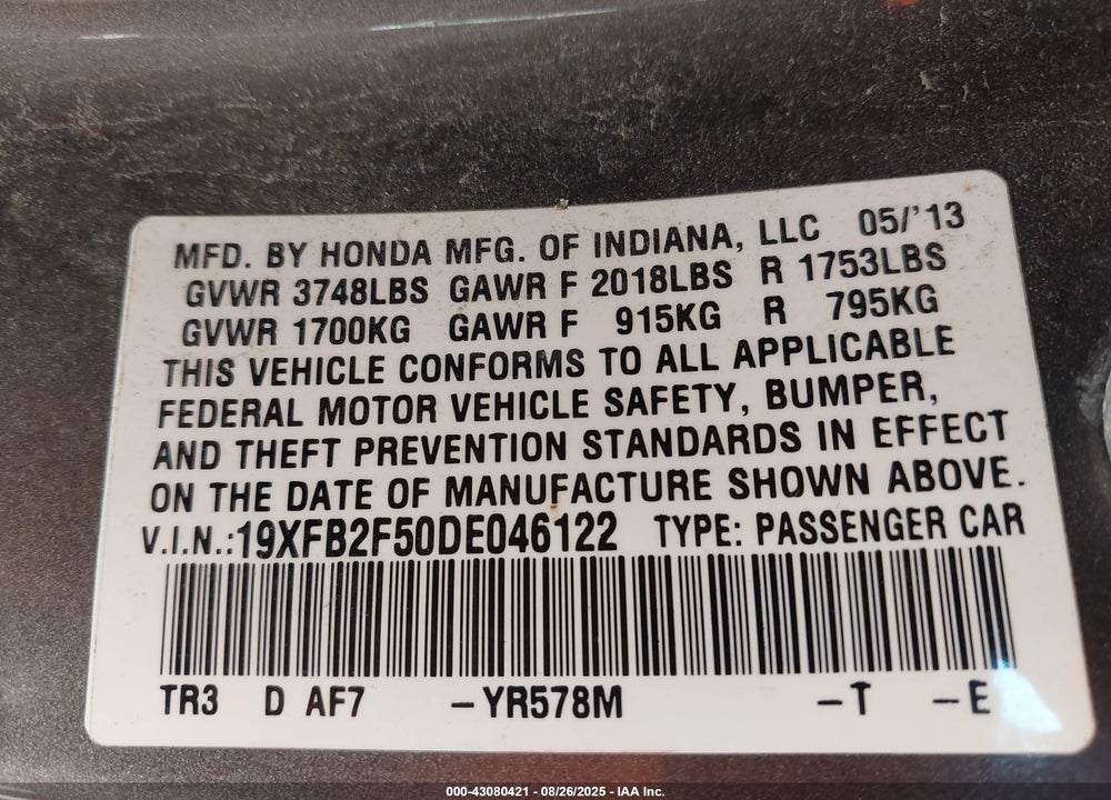 2013 HONDA CIVIC VIN: 19XFB2F50DE046122
