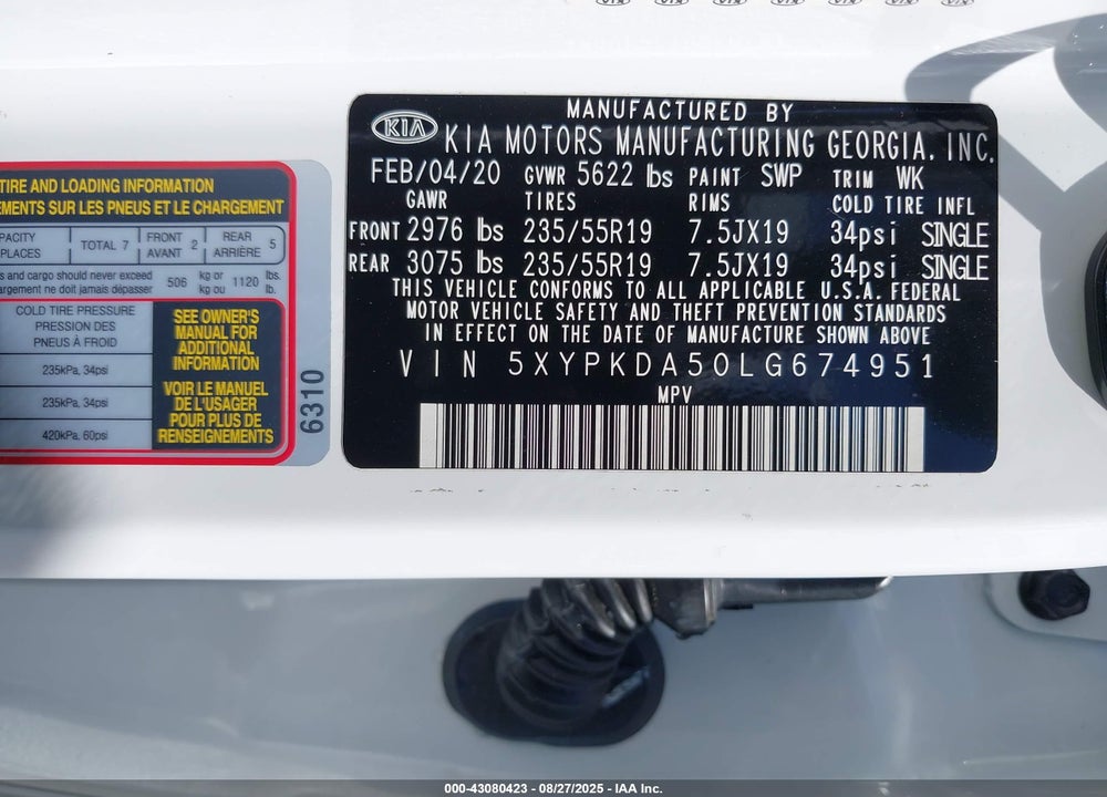 2020 KIA SORENTO 3.3L SX VIN: 5XYPKDA50LG674951