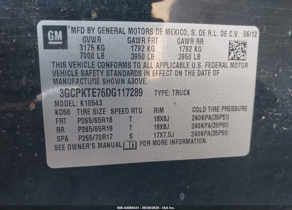 2013 CHEVROLET SILVERADO 1500 LTZ VIN: 3GCPKTE76DG117289