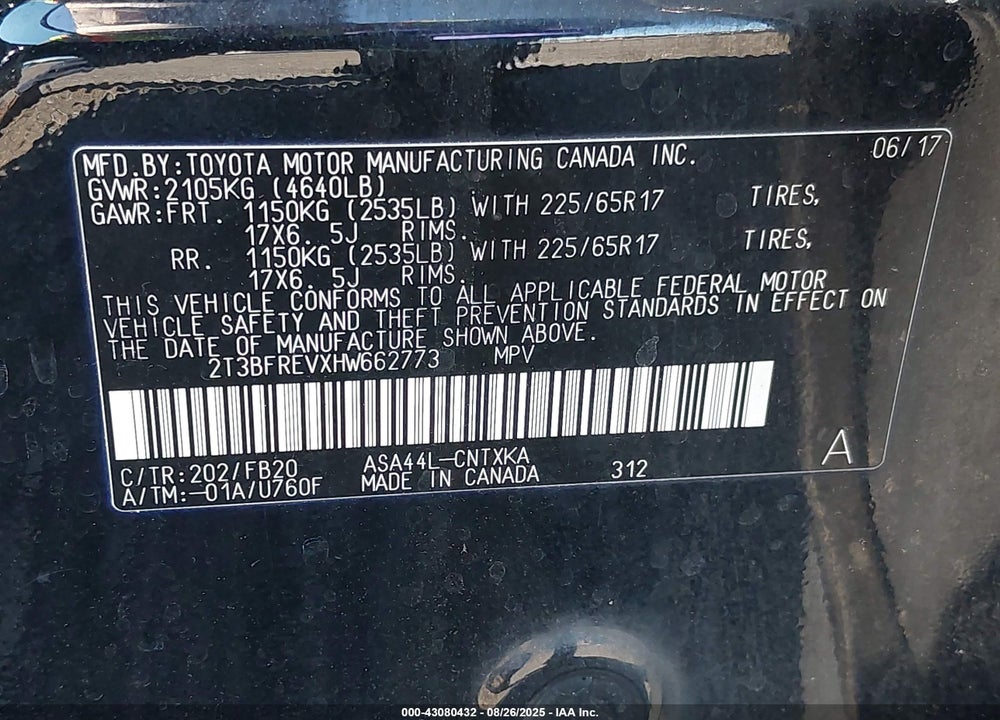 2017 TOYOTA RAV4 VIN: 2T3BFREVXHW662773