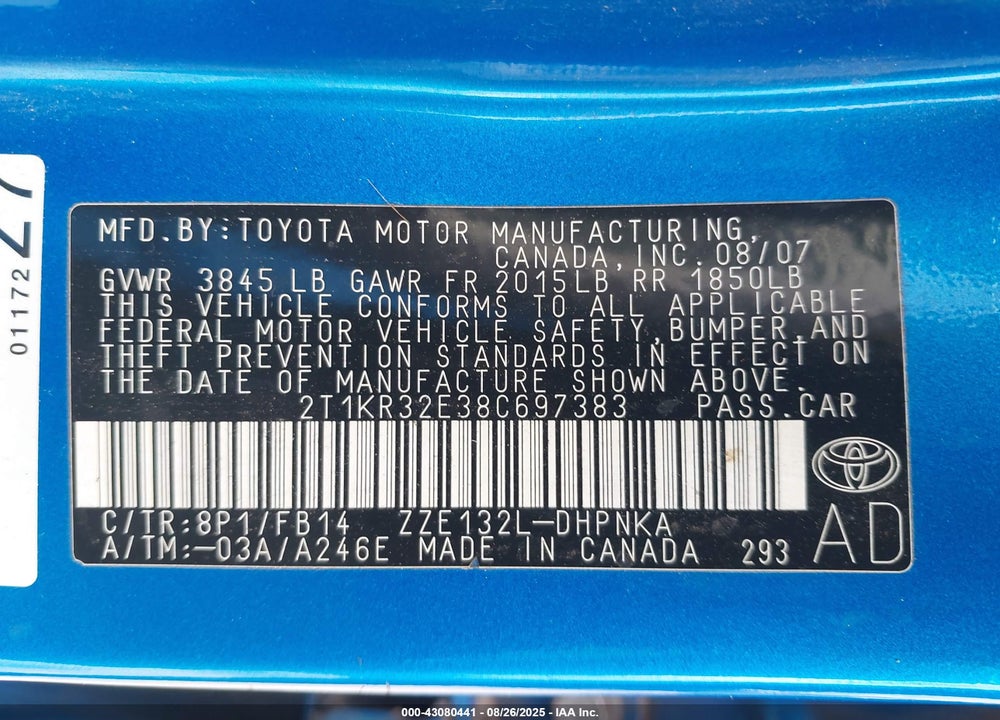 2008 TOYOTA MATRIX VIN: 2T1KR32E38C697383