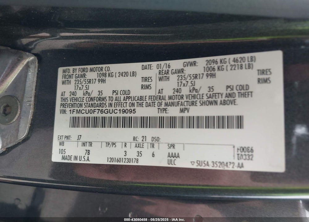 2016 FORD ESCAPE S VIN: 1FMCU0F76GUC19095