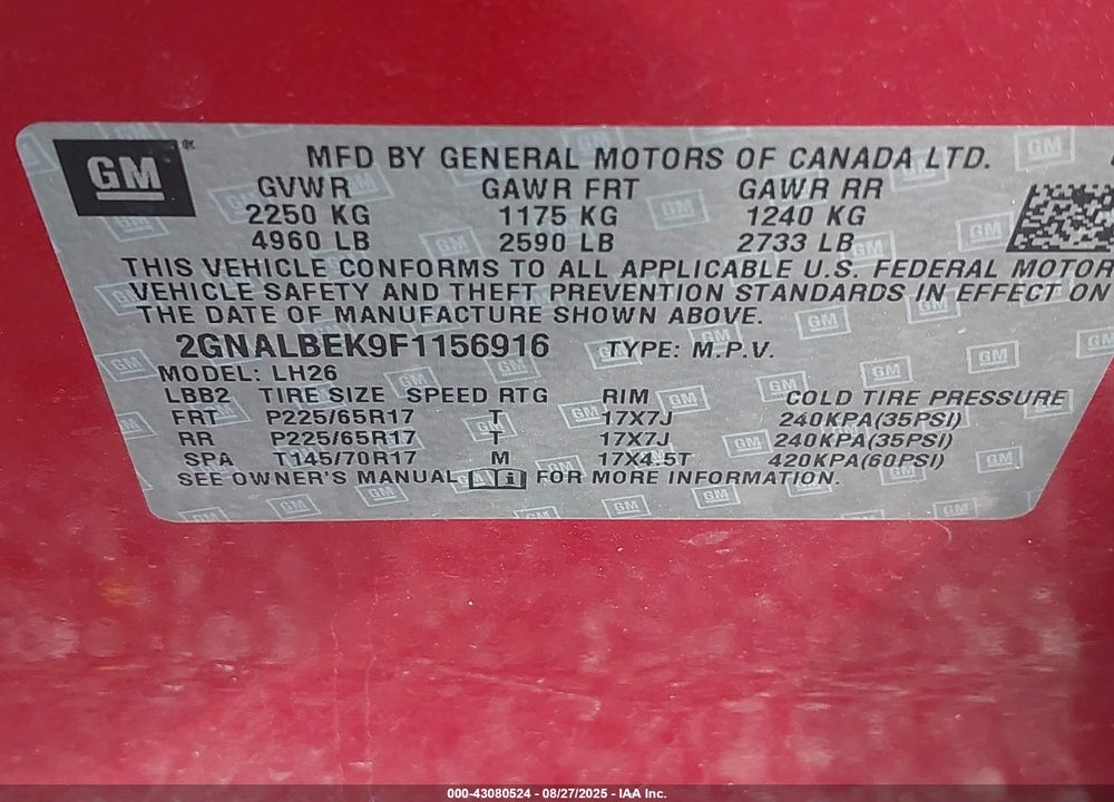 2015 CHEVROLET EQUINOX VIN: 2GNALBEK9F1156916