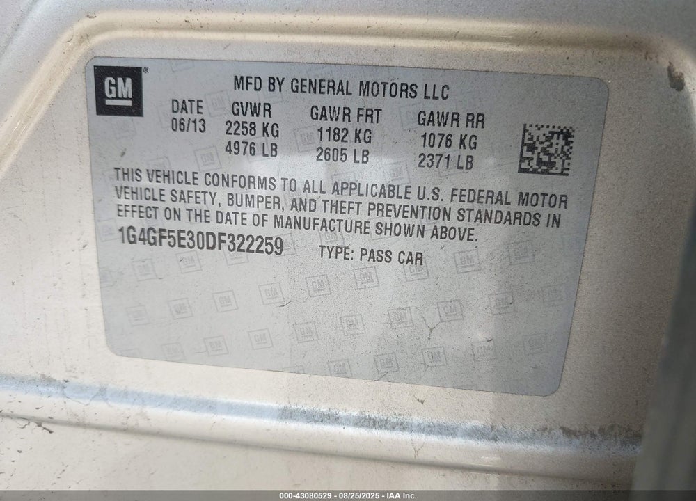 2013 BUICK LACROSSE VIN: 1G4GF5E30DF322259