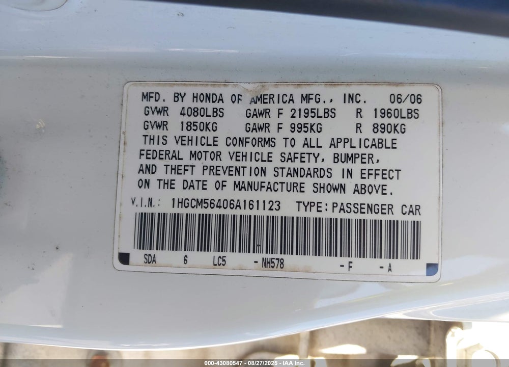 2006 HONDA ACCORD VIN: 1HGCM56406A161123