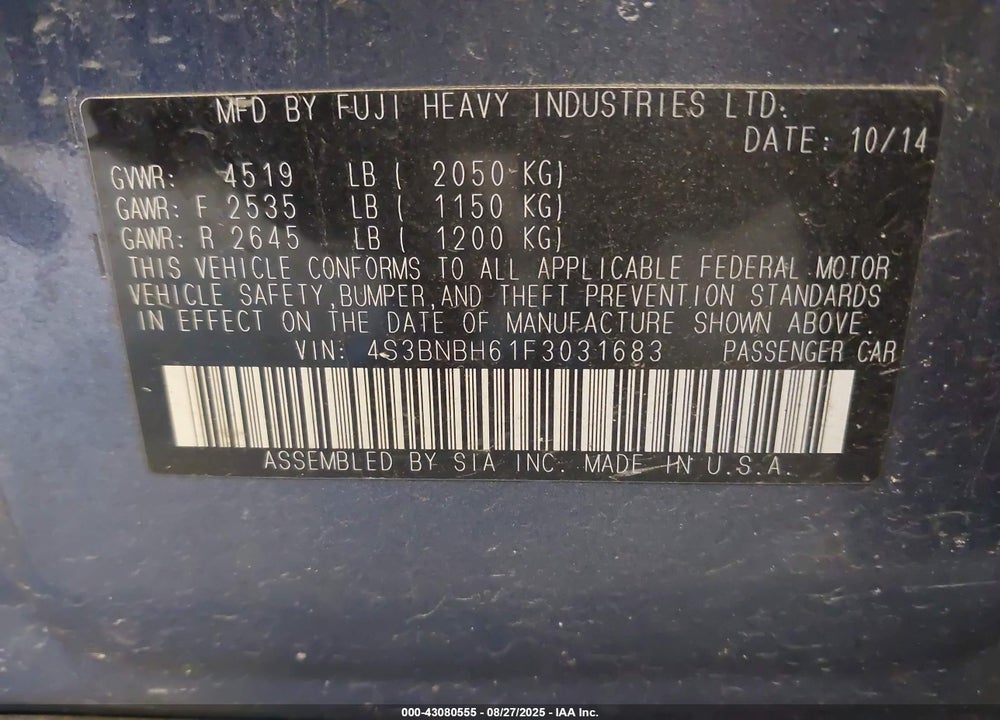 2015 SUBARU LEGACY VIN: 4S3BNBH61F3031683
