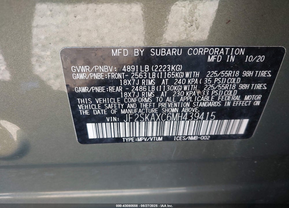 2021 SUBARU FORESTER VIN: JF2SKAXC6MH439415