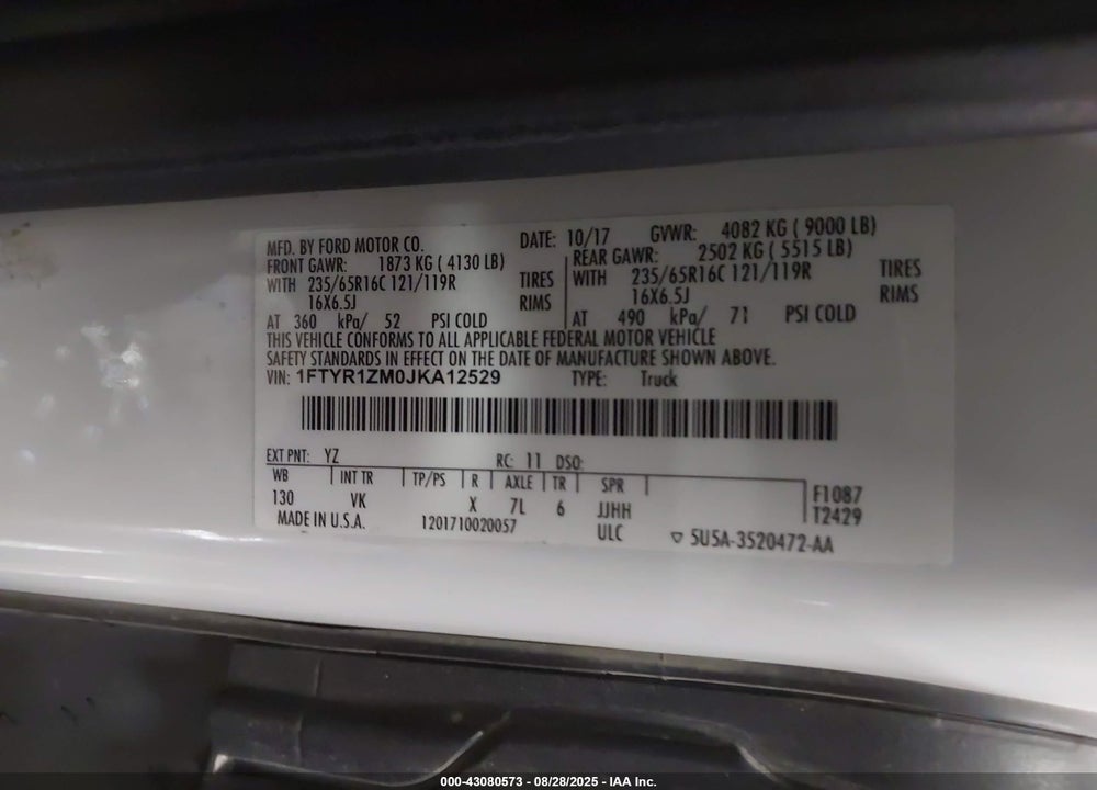 2018 FORD TRANSIT-250 VIN: 1FTYR1ZM0JKA12529