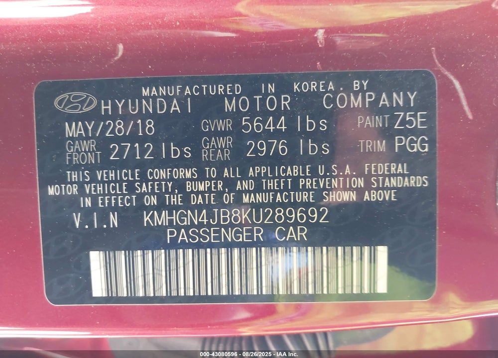 2019 GENESIS G80 3.3T SPORT VIN: KMHGN4JB8KU289692
