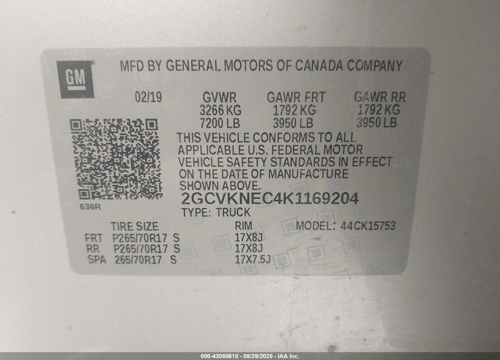 2019 CHEVROLET SILVERADO 1500 VIN: 2GCVKNEC4K1169204