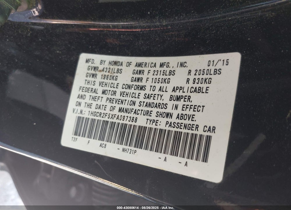 2015 HONDA ACCORD VIN: 1HGCR2F5XFA097388
