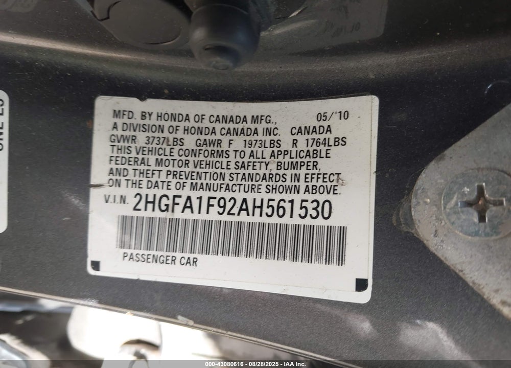 2010 HONDA CIVIC VIN: 2HGFA1F92AH561530