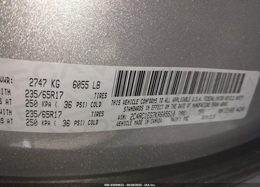 2019 CHRYSLER PACIFICA TOURING L PLUS VIN: 2C4RC1EG7KR605510