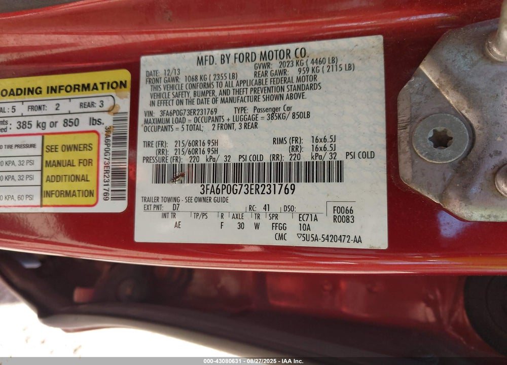 2014 FORD FUSION VIN: 3FA6P0G73ER231769