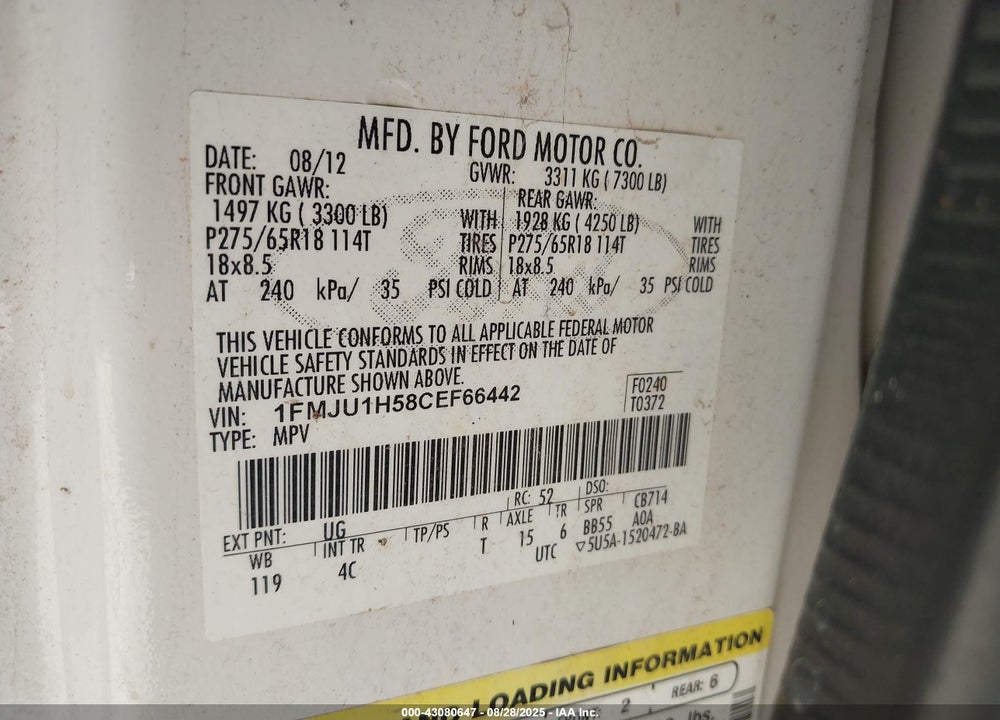 2012 FORD EXPEDITION VIN: 1FMJU1H58CEF66442