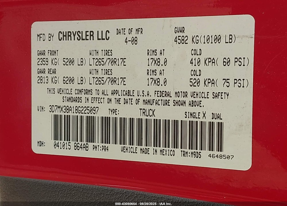 2008 DODGE RAM 3500 SLT VIN: 3D7MX38A18G225097