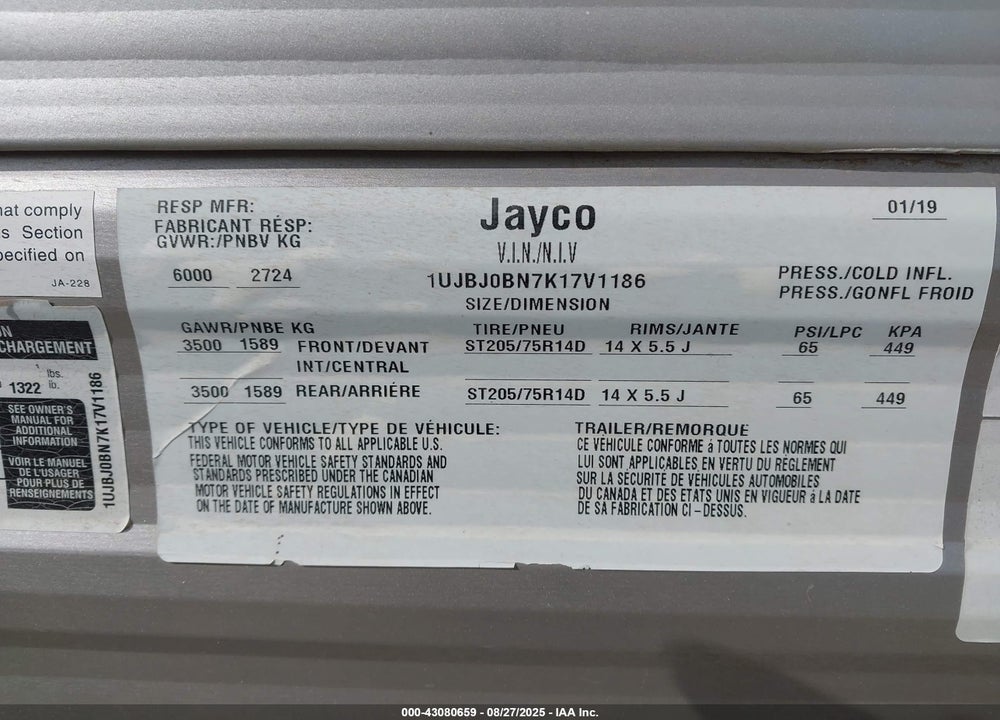2019 JAYCO OTHER VIN: 1UJBJ0BN7K17V1186