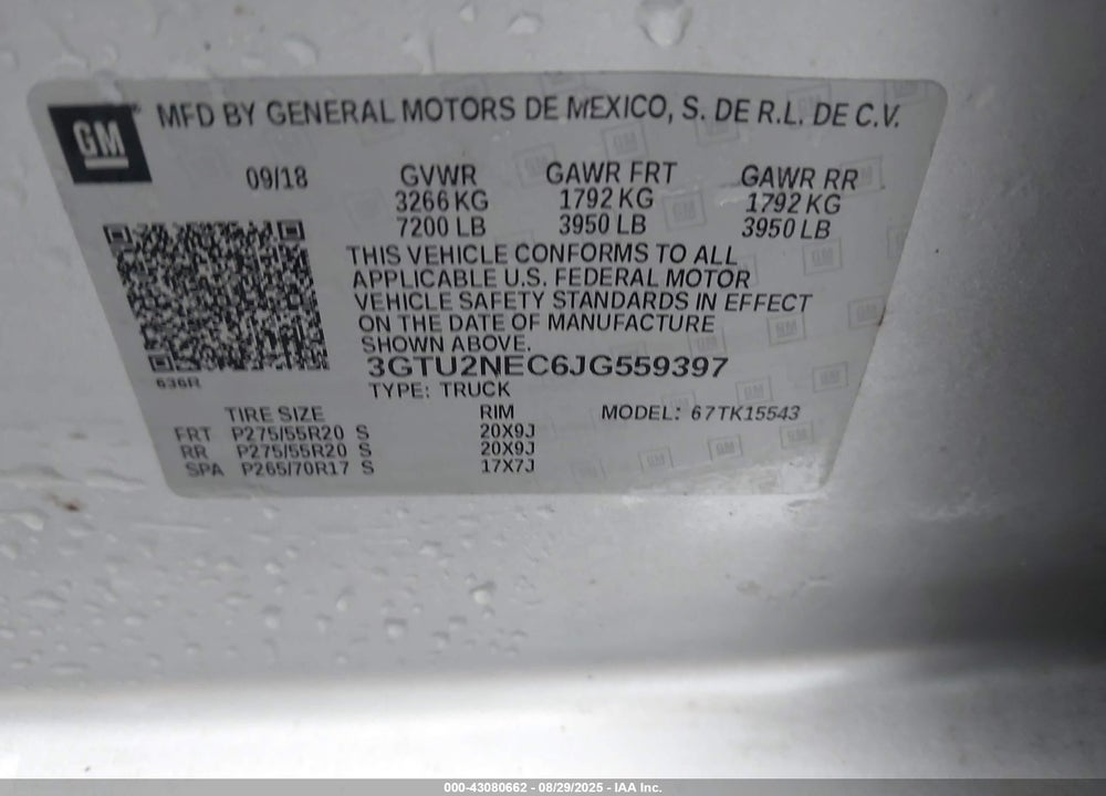 2018 GMC SIERRA 1500 VIN: 3GTU2NEC6JG559397