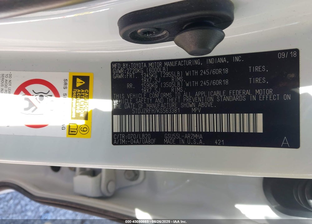 2019 TOYOTA HIGHLANDER VIN: 5TDJZRFH7KS563381
