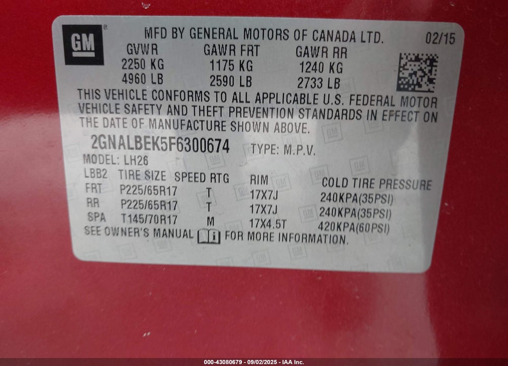 2015 CHEVROLET EQUINOX VIN: 2GNALBEK5F6300674