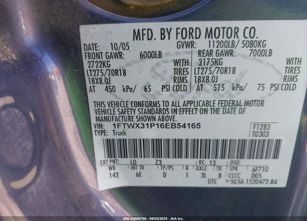 2006 FORD F 350 VIN: 1FTWX31P16EB54165