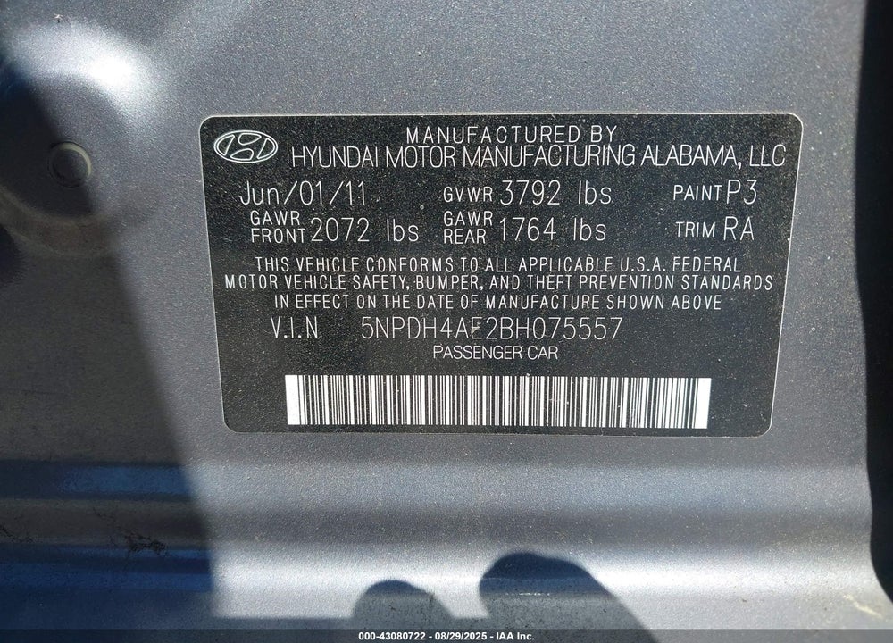 2011 HYUNDAI ELANTRA LIMITED VIN: 5NPDH4AE2BH075557