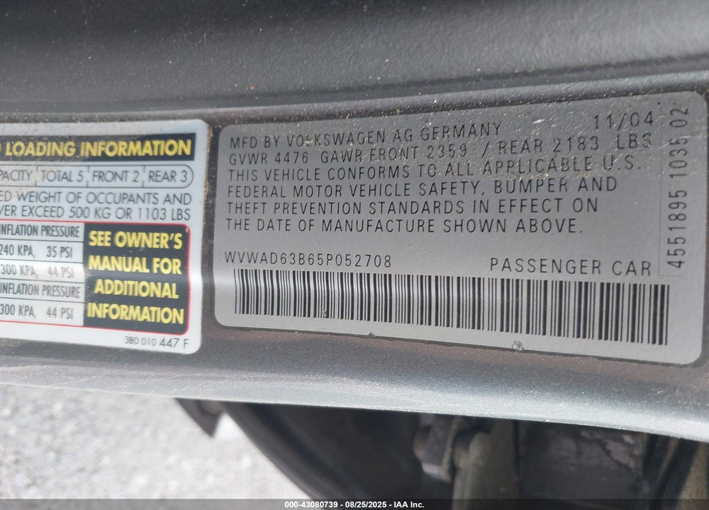 2005 VOLKSWAGEN PASSAT GLS/GLS 1.8T VIN: WVWAD63B65P052708