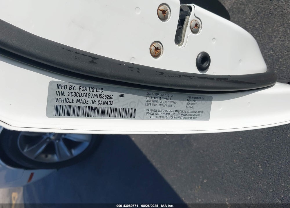 2021 DODGE CHALLENGER VIN: 2C3CDZAG7MH536290