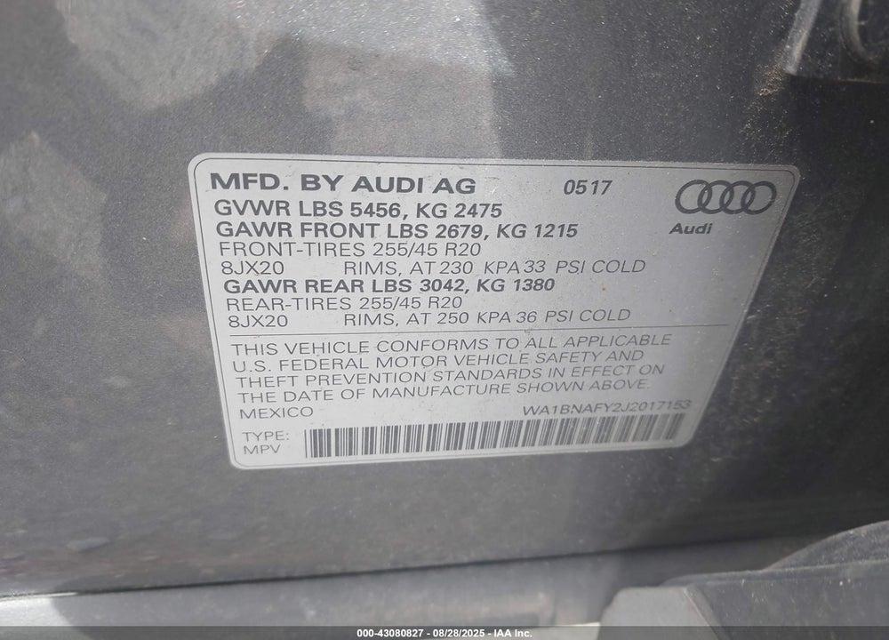 2018 AUDI Q5 VIN: WA1BNAFY2J2017153