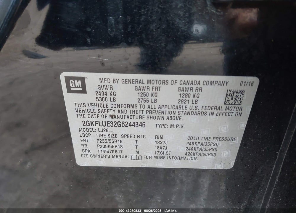 2016 GMC TERRAIN VIN: 2GKFLUE32G6244346