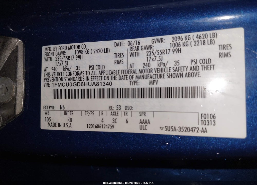 2017 FORD ESCAPE VIN: 1FMCU0GD6HUA81340